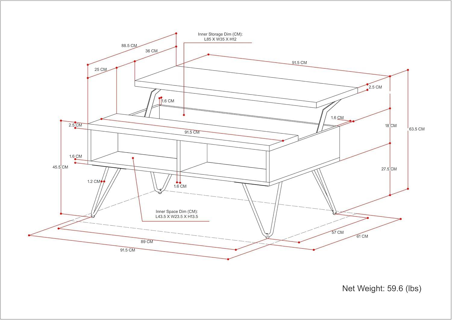 Hunter Solid Wood Industrial Small Lift Top Coffee Table with Hidden Storage and Metal Hairpin Legs.