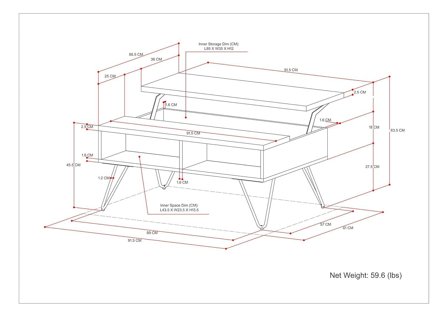Hunter Solid Wood Industrial Small Lift Top Coffee Table with Hidden Storage and Metal Hairpin Legs.