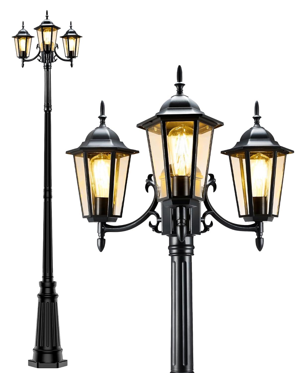 HONGKONG YEEZEN LIGHTING CO., LIMITED Lamp Post Outdoor Lighting, 3-Head Black Hard Wired Pole Light For Outside, E26 Base Maximum 100W (Bulb Not Included), Waterproof Street Light Fixture For Yard, Garden, Driveway (Classic)