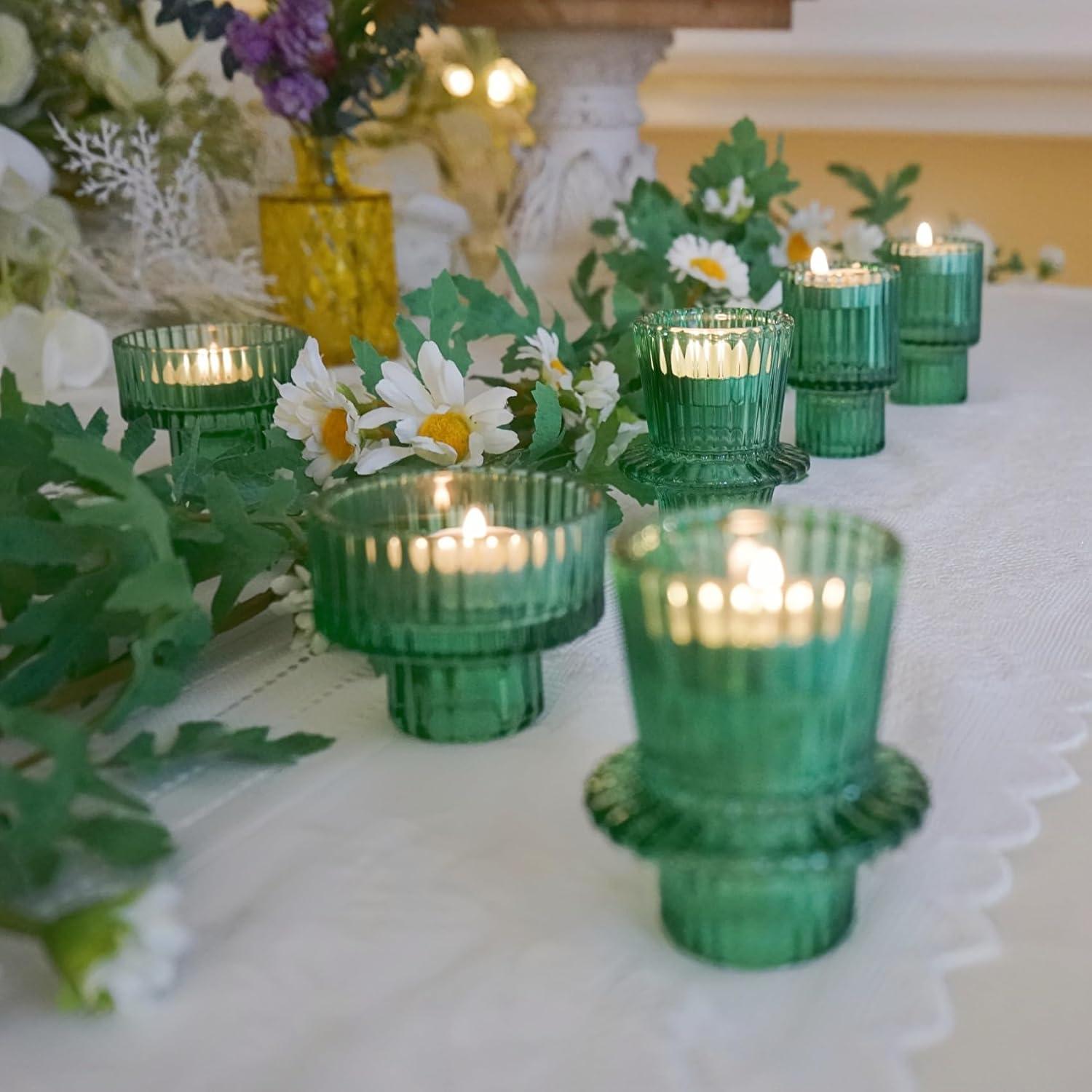 Taper Glass Candlestick Holders Tealight Candle Holders for Table Centerpieces, Wedding Decor and Dinner Party (6 Pcs, Green)