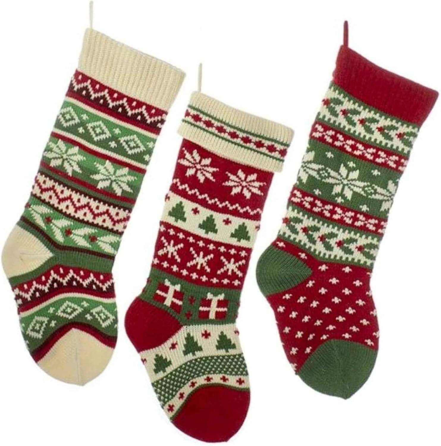 20'' Red and Green Knit Christmas Stockings with Snowflakes and Trees