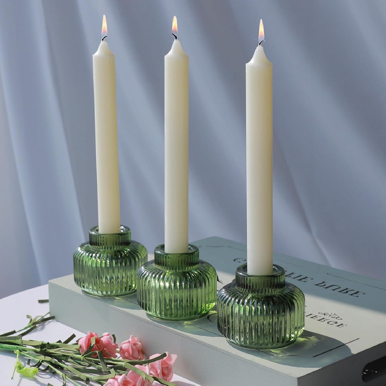 Green Ribbed Glass Reversible Candlestick Holders, Set of 4