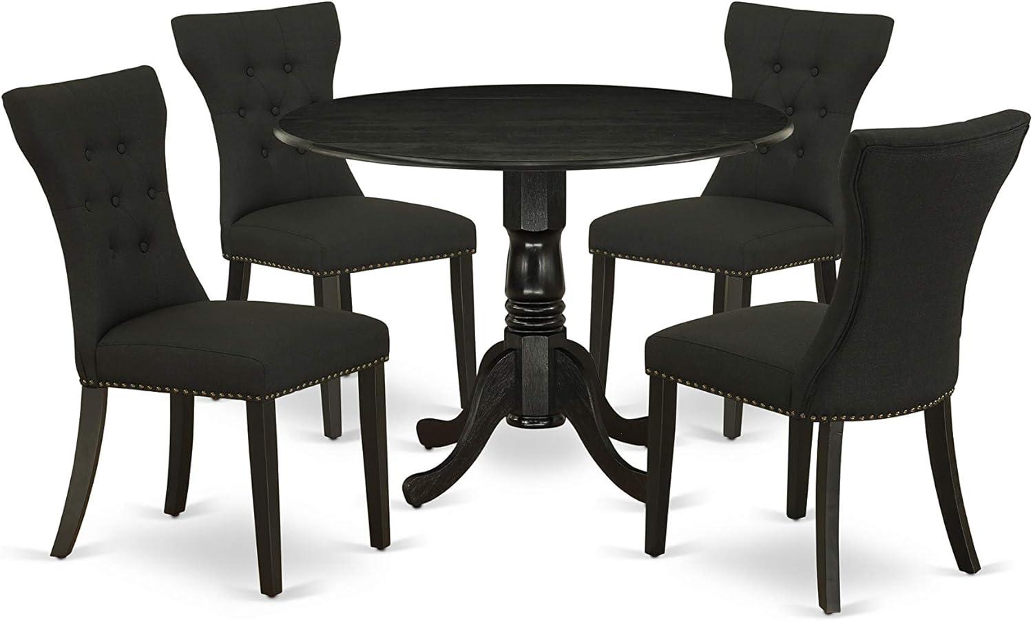 Elegant Wire-Brushed Black 5-Piece Round Dining Set with Linen Fabric Chairs