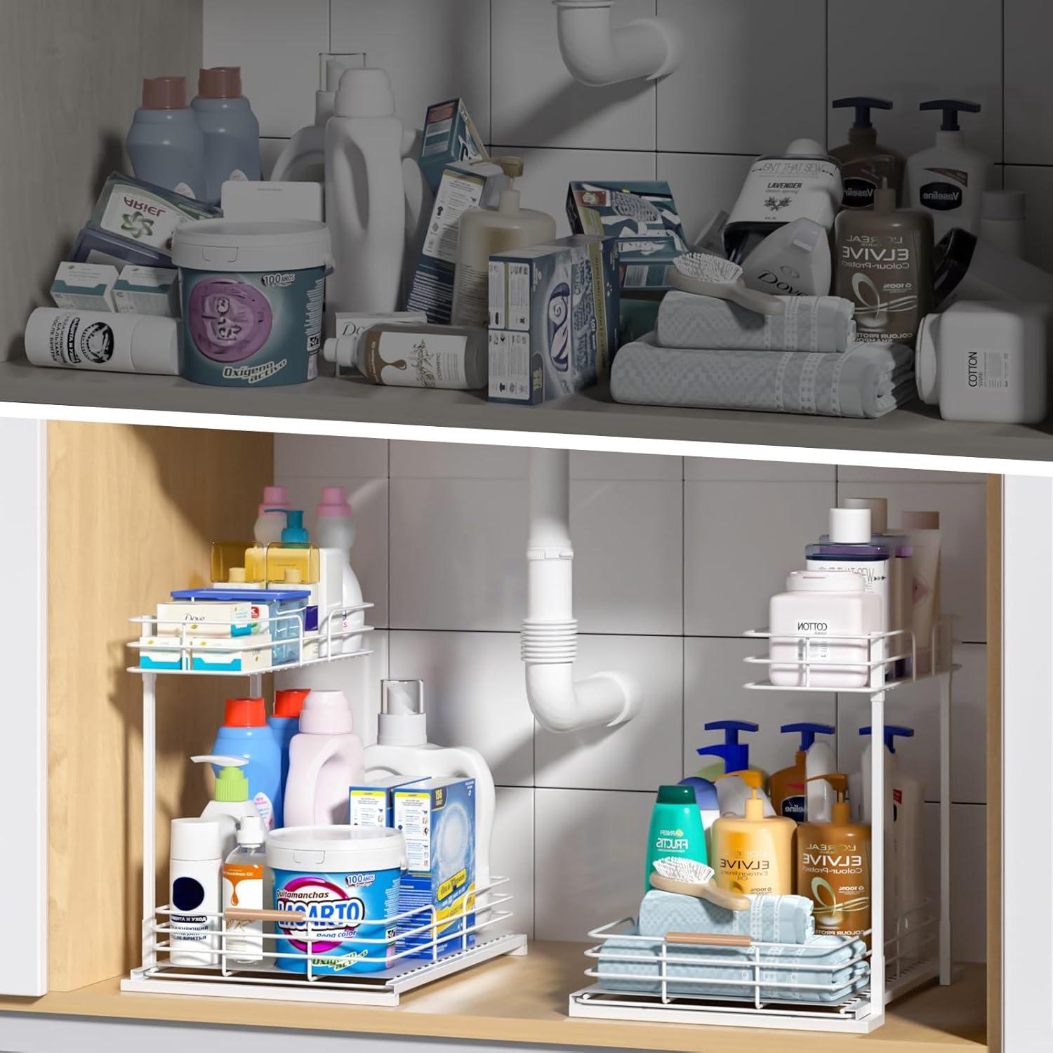 Delamu 2 Pack Under Sink Organizer and Storage, 2 Tier Pull Out Cabinet Organizer, Slide Out Under Sink Storage Shelf for Kitchen Bathroom, White