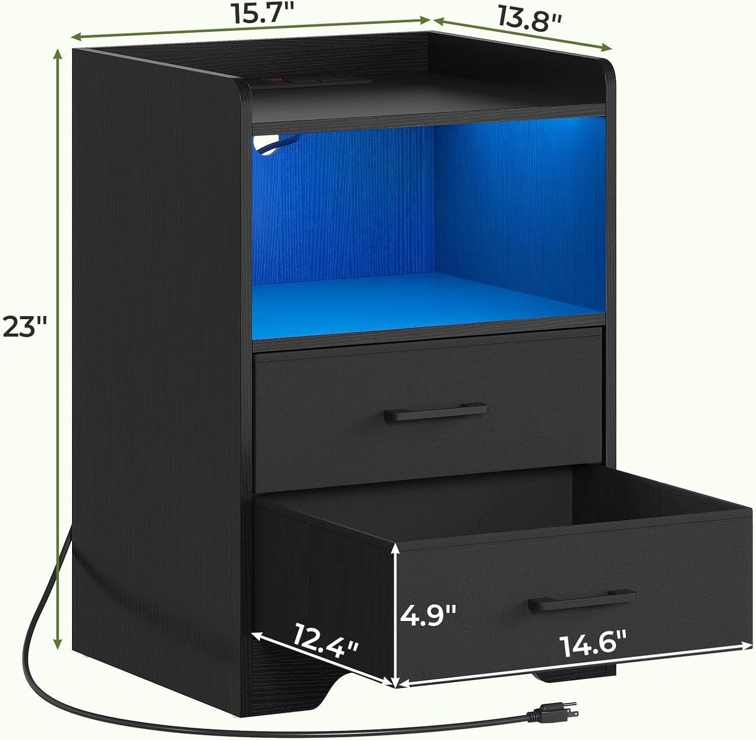 Black Nightstand Set of 2 with Outlets&USB Ports&LED Lights Modern Bedside Table Storage Cabinet with 2 Fabric Drawers for Bedroom