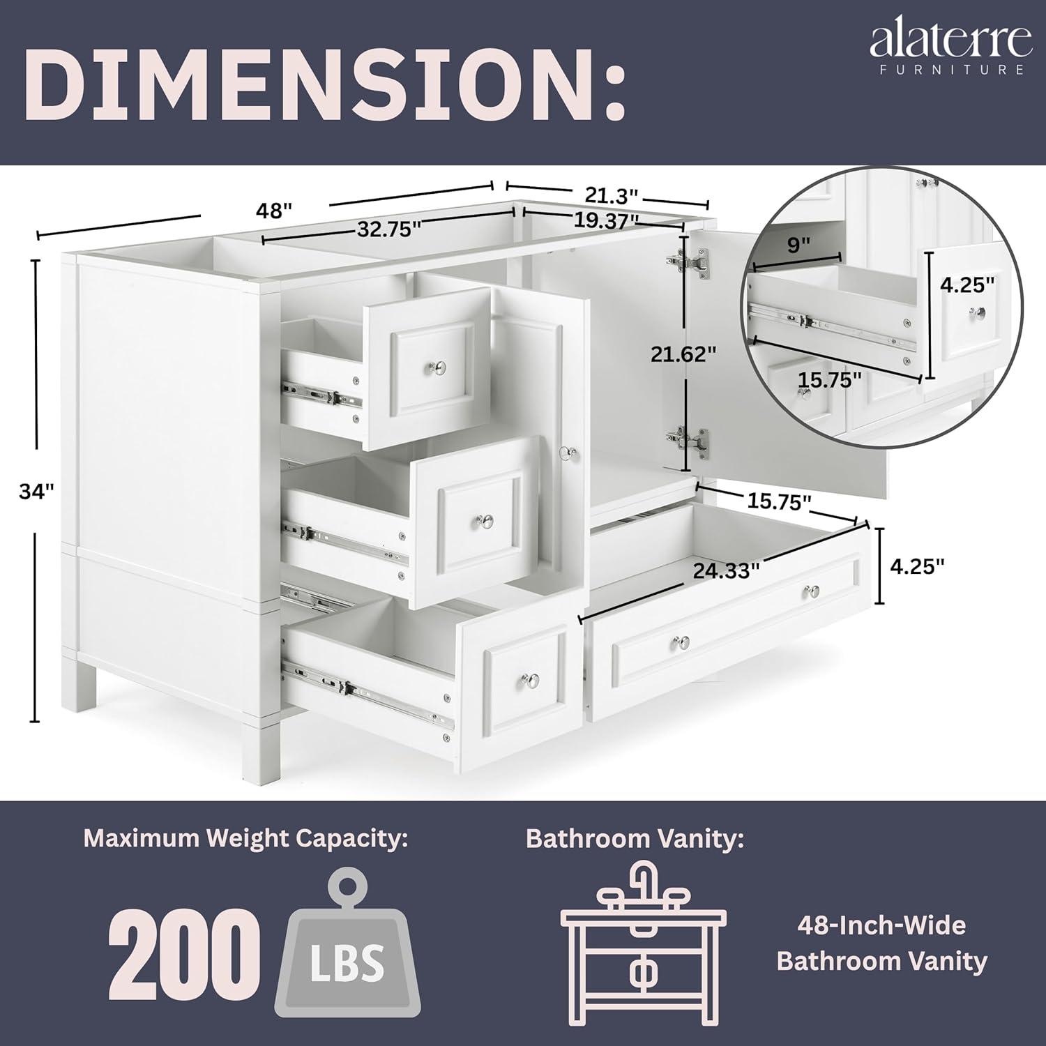 Williamsburg 48 Inch Bathroom Vanity, Freestanding Cabinet Without Sink, Large Wood Vanity with Soft-Close Doors