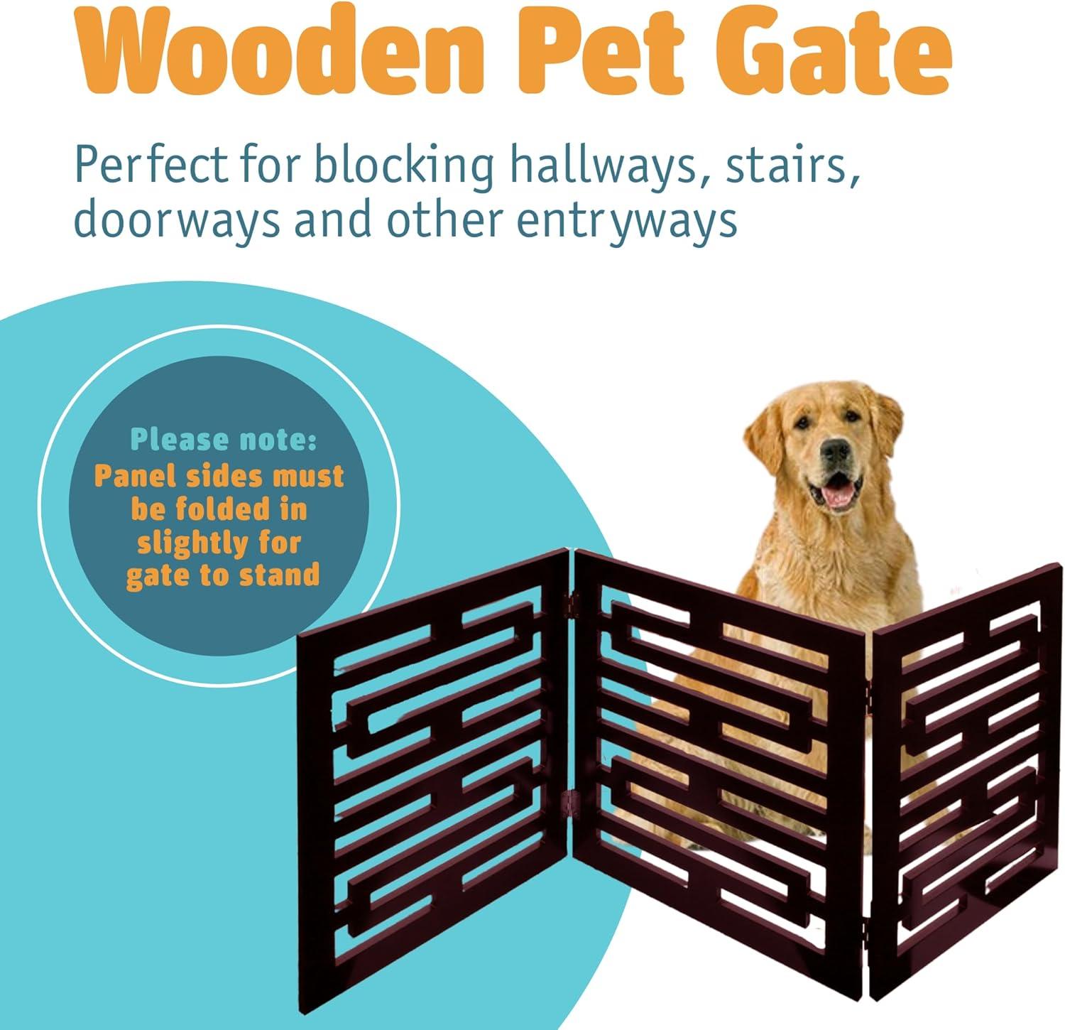 Etna 3-Panel Wooden Pet Gate, Avant Garde Design, Mahogany - Tri Fold Dog Gates for Doorways, Stairs, Puppy Safety - Free Standing Pet Barrier for Indoor/Outdoor Use - 47.5" Wide x 19" Tall