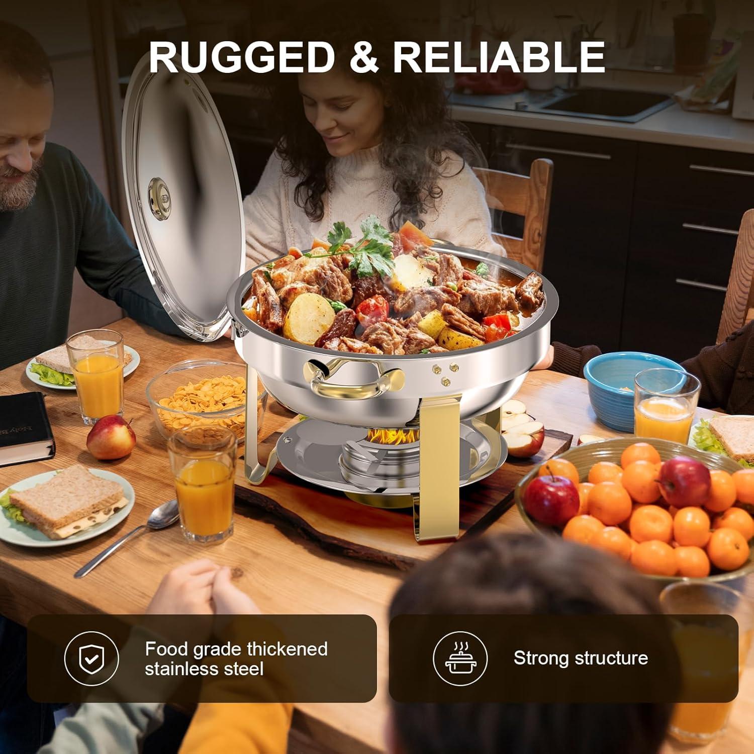 WhizMax Chafing Dish Buffet Set 2 Pack 5QT, Stainless Steel Round Chafing Dishes for Buffet with Lid Holder & Glass Lid, Gold