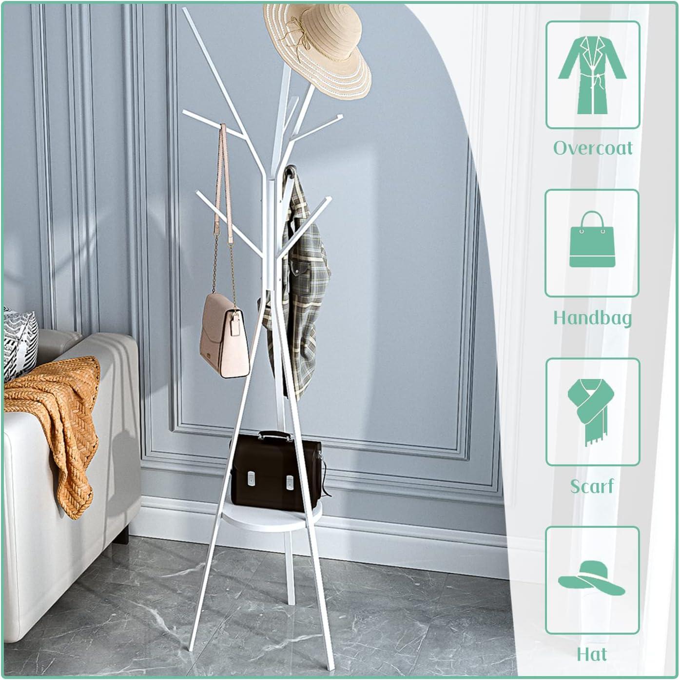 White Iron Coat Rack Tree with Wooden Shelf and 9 Hooks