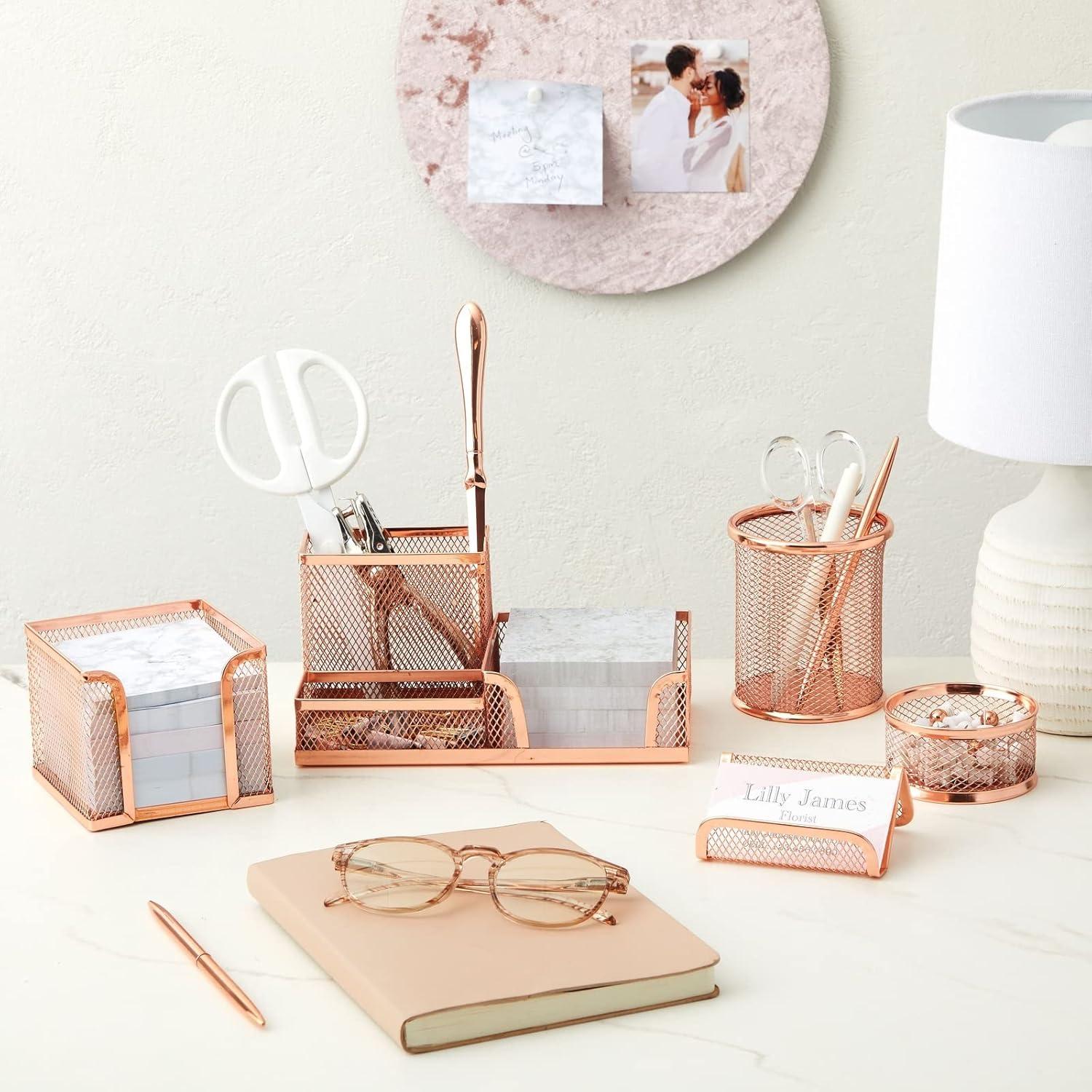 Rose Gold Mesh Desk Organizer Set with Pen, Note, and Card Holders