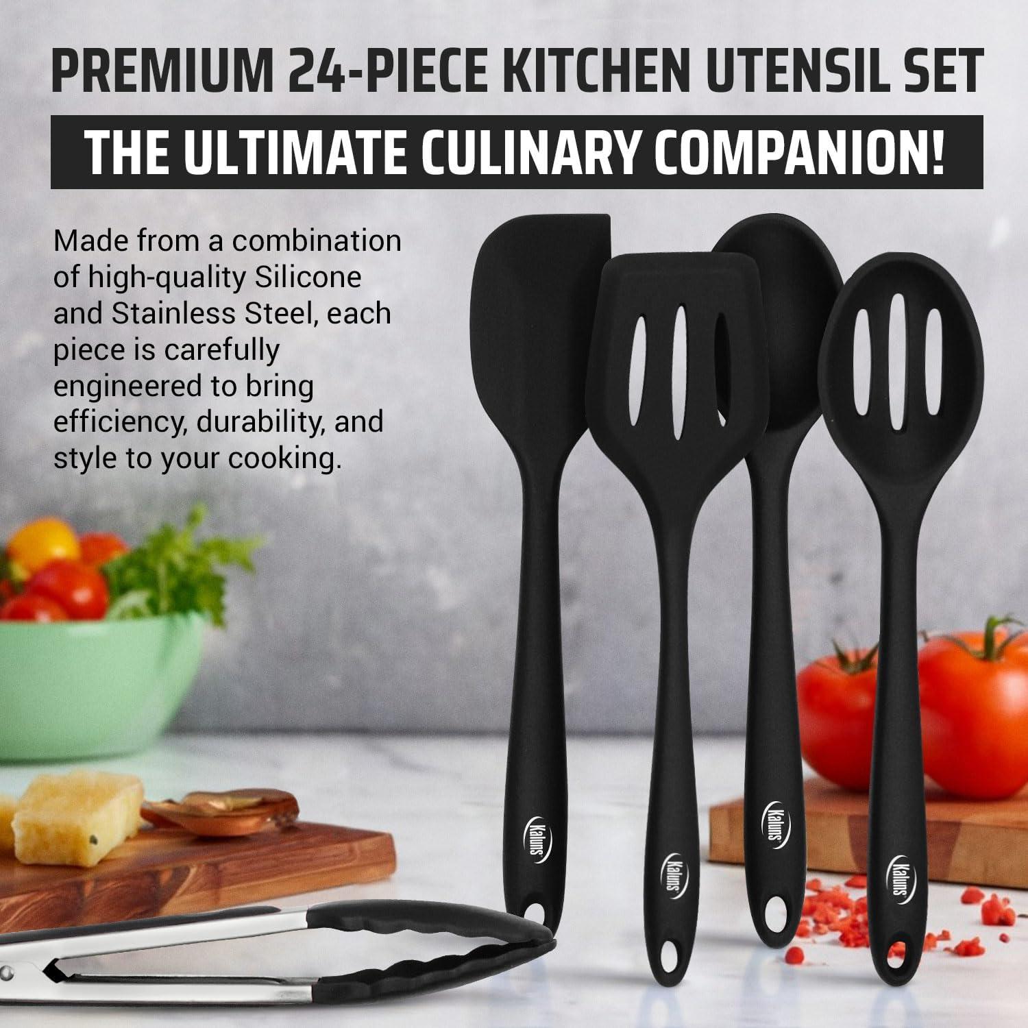 24-Piece Black Silicone and Stainless Steel Cooking Utensil Set