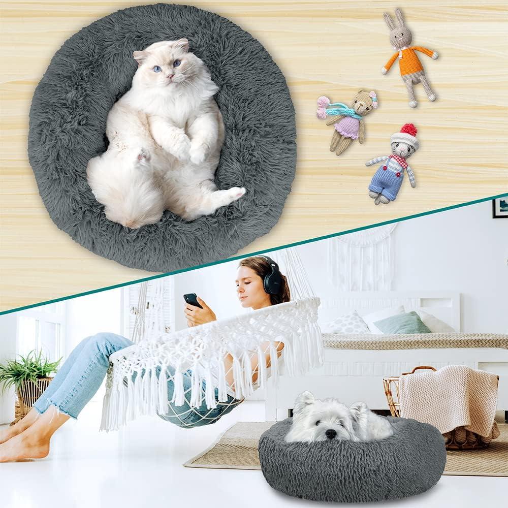 PetAmi Calming Dog Bed for Puppy Cat Kitten, Round Washable Pet Bed, Anti Anxiety Cuddler, Fluffy Plush Circular Donut Bed (Gray, Medium - 30")