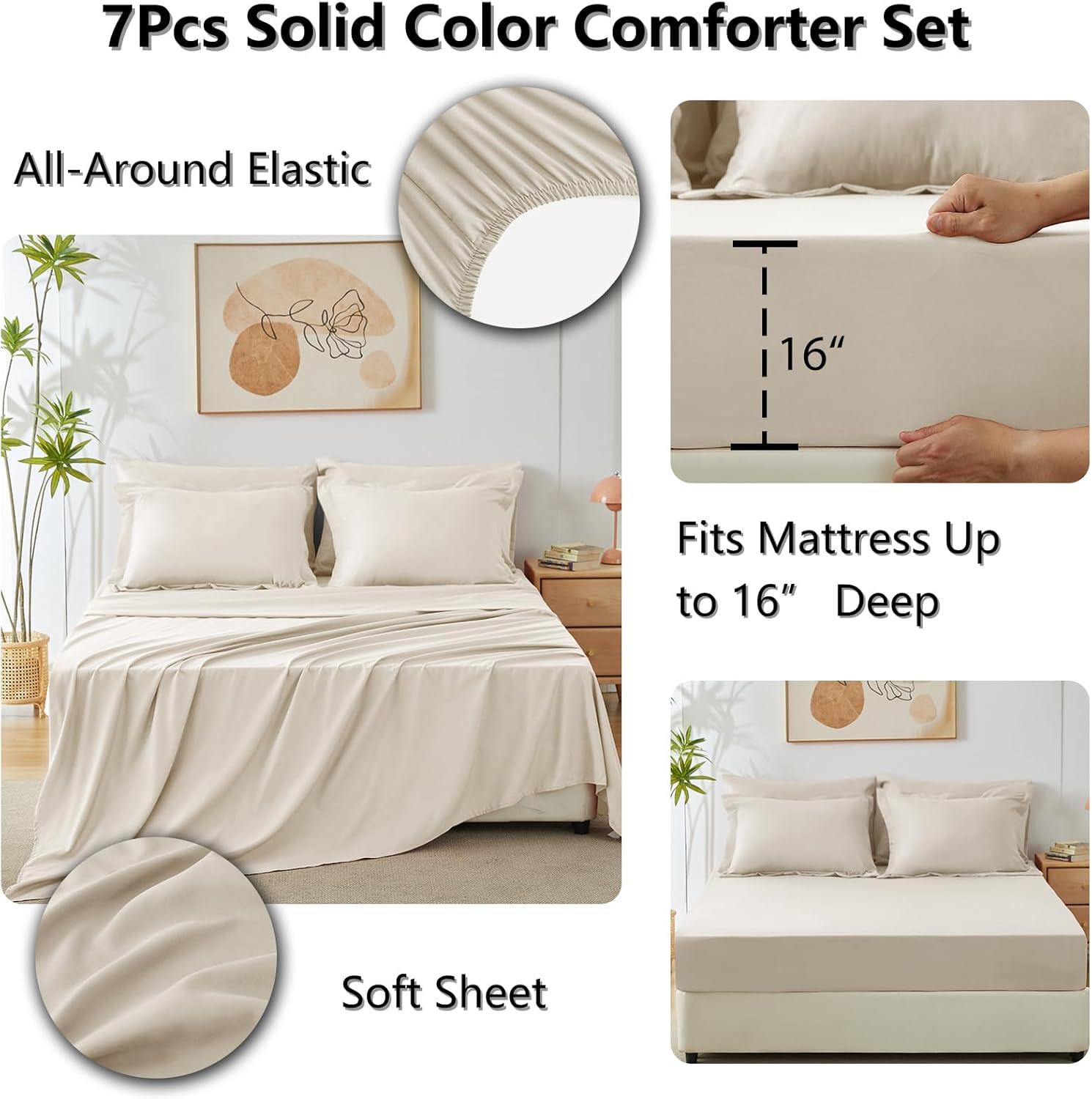 CozyLux Queen Comforter Set Beige, 7 Pieces Bed in a Bag Soft Bedding Comforter Set with Sheets, All Season Boho 7PC Bed Sets with Comforter, Fitted Sheets, Flat Sheets, Pillow Shams and Pillowcases