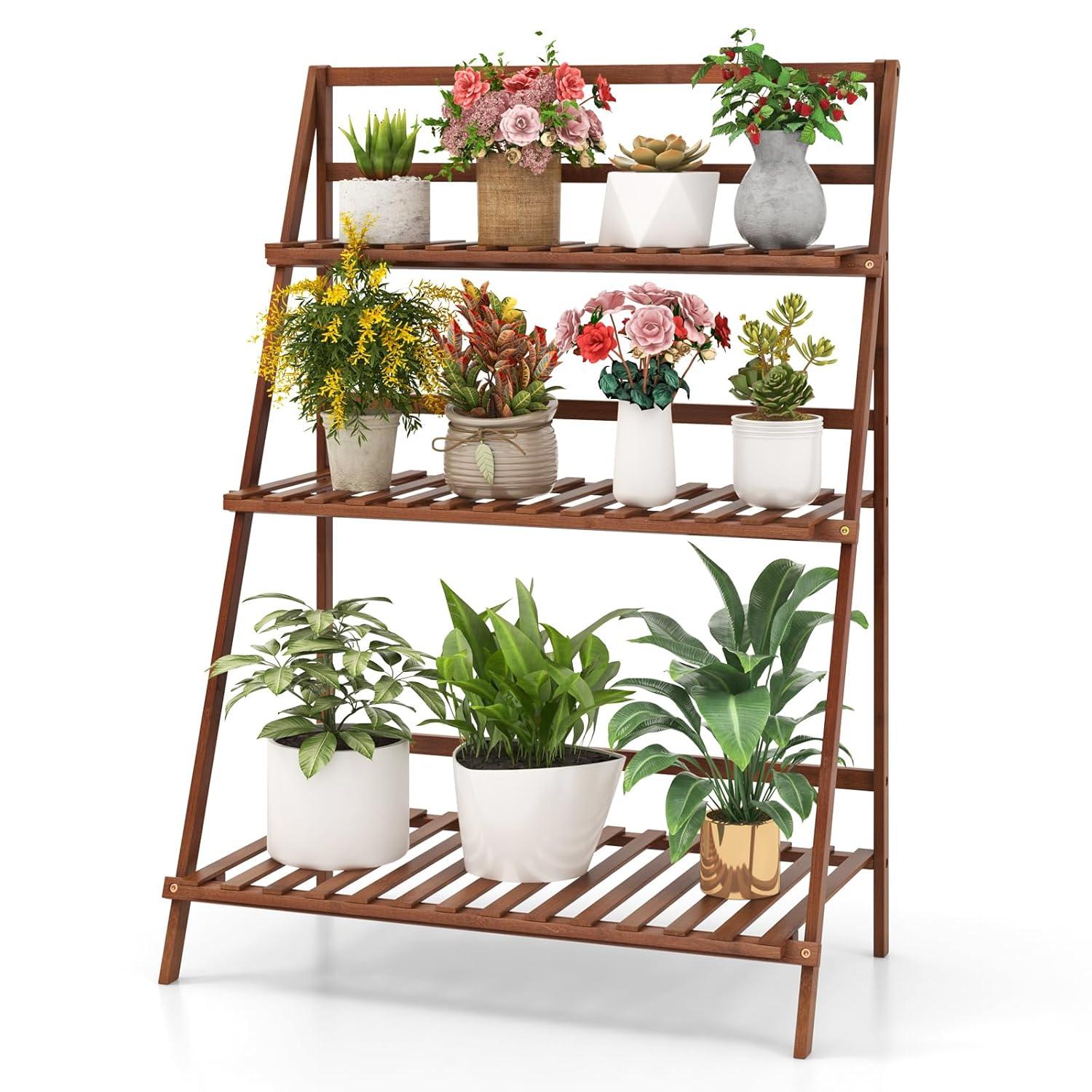 Costway Bamboo Ladder Plant Stand 3-Tier Foldable Flower Pot Display Shelf Rack Natural