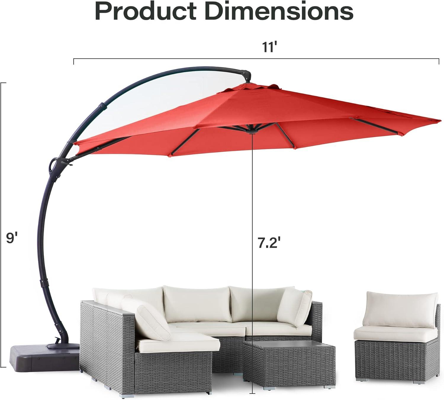 LAUSAINT HOME 11FT Deluxe Patio Umbrella with Base, Outdoor Large Hanging Cantilever Curvy Umbrella with 360° Rotation, Red