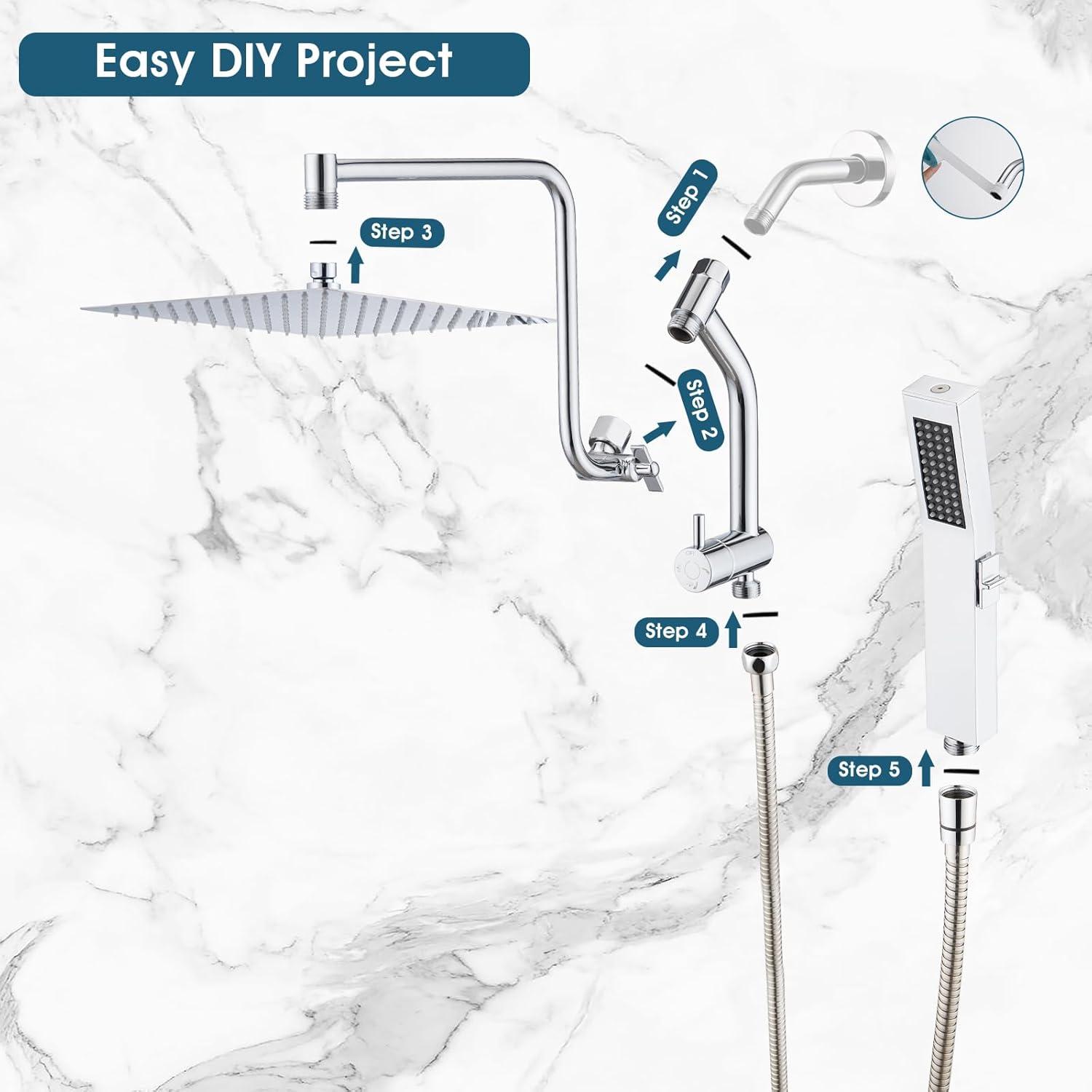 PDPBath All Metal 12'' Rainfall Shower Head with Handheld Combo, Upgrade 3-Way Diverter with Pause Setting, High Pressure Rain Shower Head with Z-shaped Extension Arm, 59" Hose, Brushed Nickel