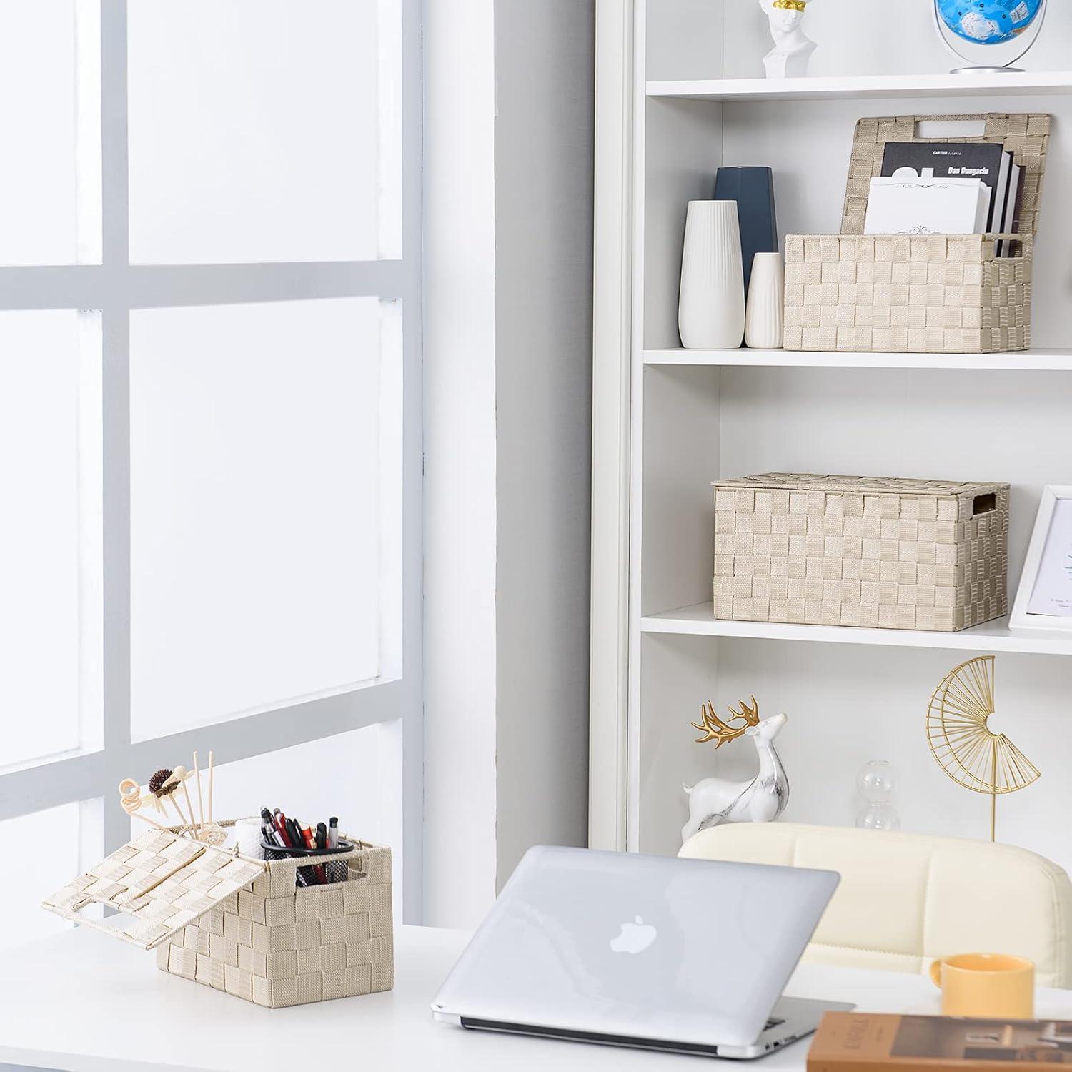 Beige Woven Square Storage Basket Set with Lids