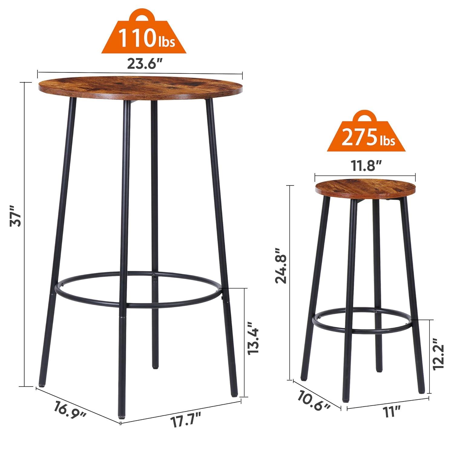 ZENSTYLE 3 Piece Pub Dining Table Set Wooden Round Breakfast Tables w/2 Bar Chairs Stools Brown