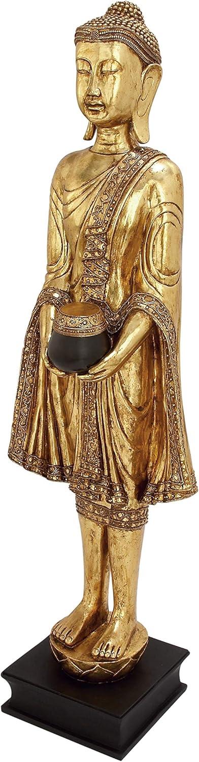 16" x 54" Gold Resin Meditating Buddha Sculpture with Engraved Carvings and Relief Detailing, by DecMode