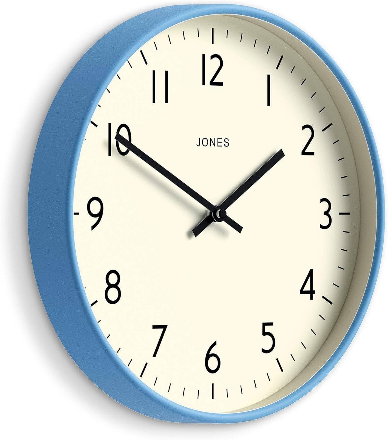 JONES CLOCKS® Studio Wall Clock | Modern Round Clock | 12 inch | Mid Blue | Easy to Read Numbers | Versatile Design for Kitchen, Living Room or Office