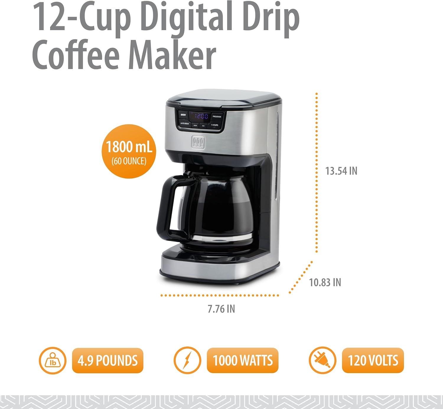 Toastmaster 12-Cup Digital Drip Coffee Maker, Stainless Steel, TM-129CM