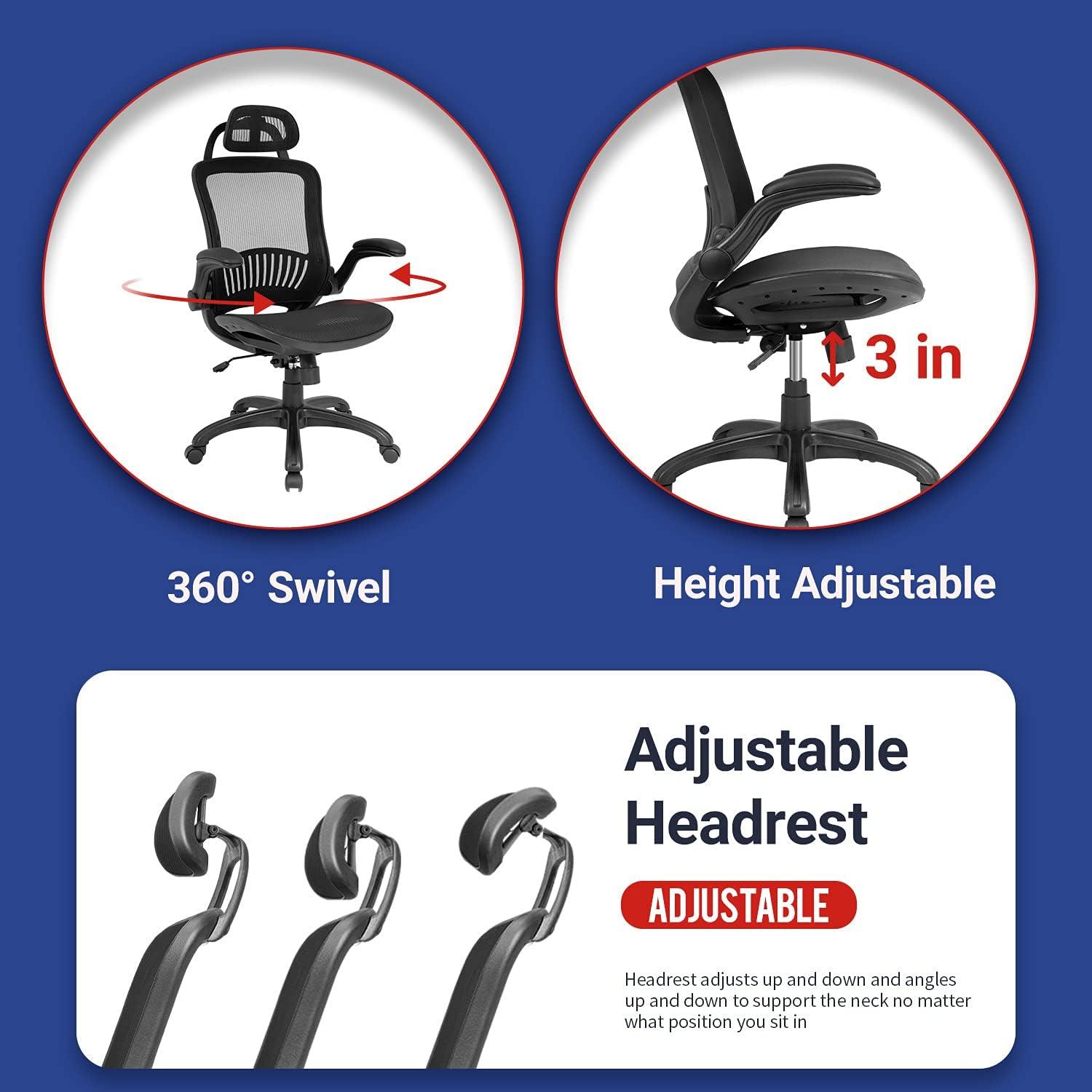 Office Chair Desk Chair Computer Chair Ergonomic Rolling Swivel Mesh Chair Lumbar Support Headrest Flip-up Arms High Back Adjustable Chair for Women& Men,Black