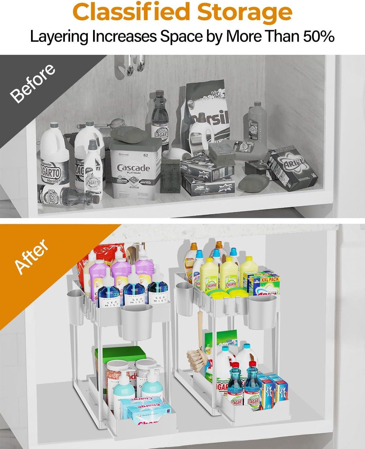 DILEASIR 2 Pack Kitchen Under Sink Organizer, with Hooks, Hanging Cup, for Bathroom, Laundry room, White