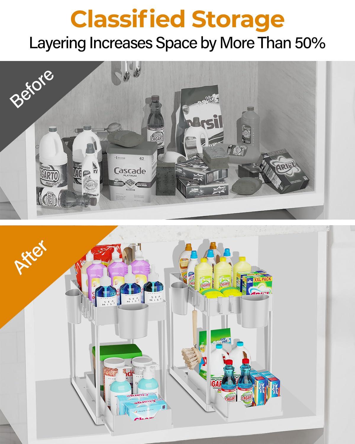 DILEASIR 2 Pack Kitchen Under Sink Organizer, with Hooks, Hanging Cup, for Bathroom, Laundry room, White