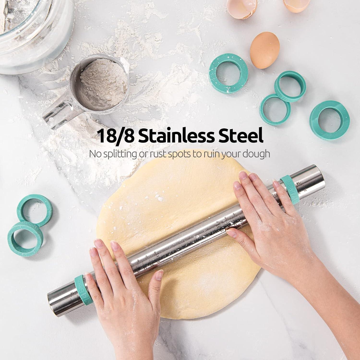 U-Taste Adjustable 18/8 Stainless Steel 16 inch Rolling Pin with Silicone Removable Rings (Teal/Aqua Sky)