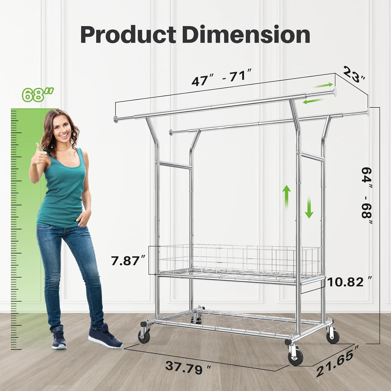 HOKEEPER Heavy Duty Clothing Clothes Rack for Hanging Clothes Adjustable Rolling Garment Rack with Wheels for Bedroom, Living Room (Double Rod with Metal Basket)