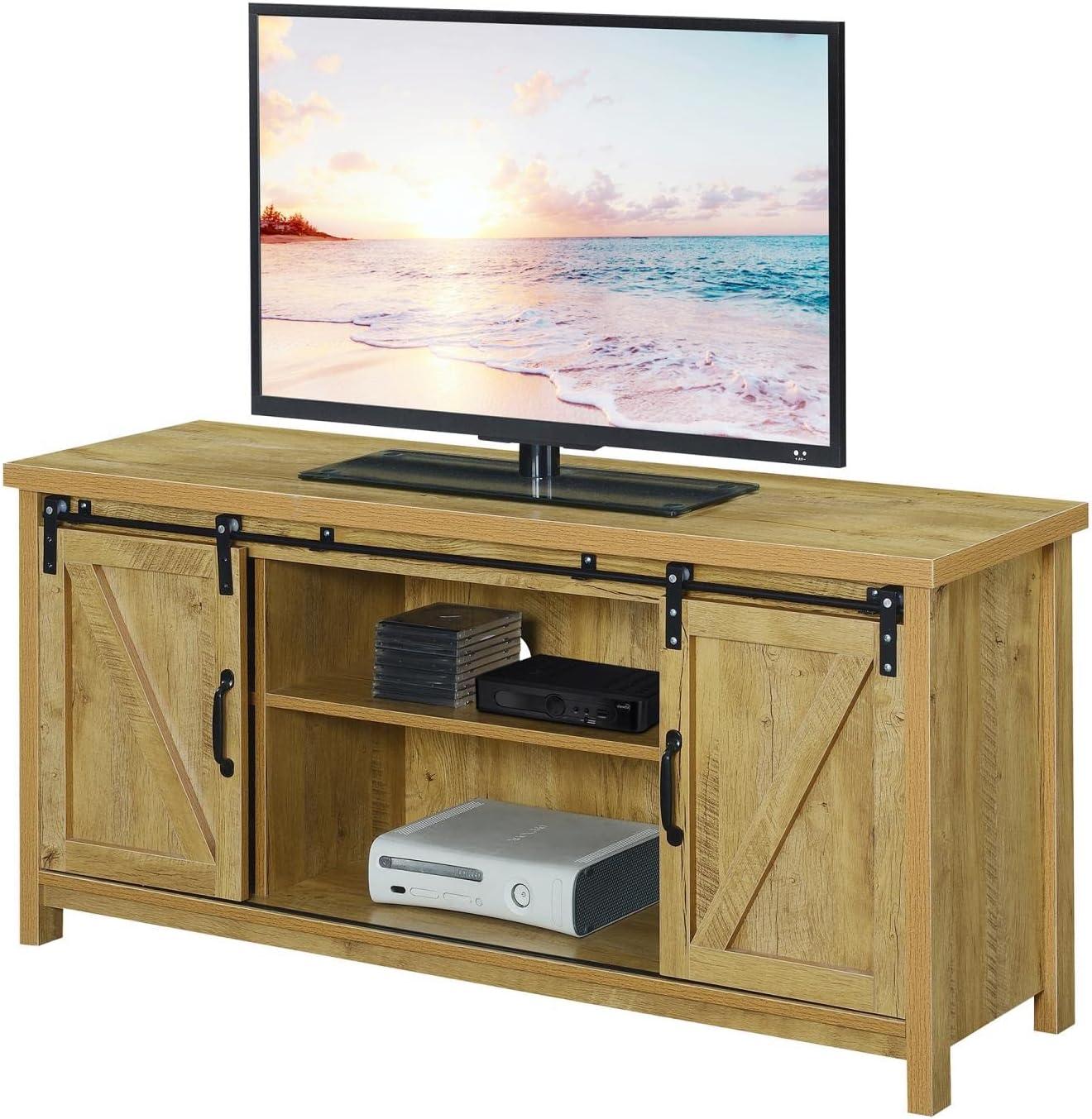 Convenience Concepts Blake Barn Door TV Stand with Shelves and Sliding Cabinets for TVs up to 60 Inches, English Oak