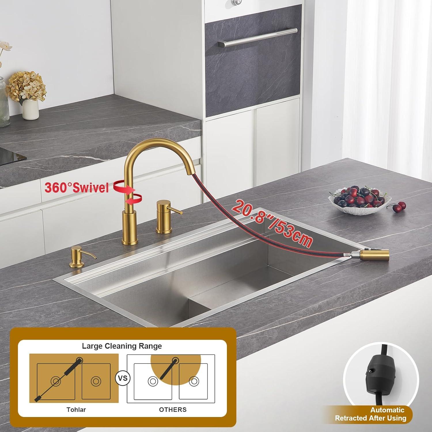 Kitchen Faucet Single Handle Stainless Steel Kitchen Sink Faucet with Pull Out Sprayer Brushed Gold Sprayer and Handle