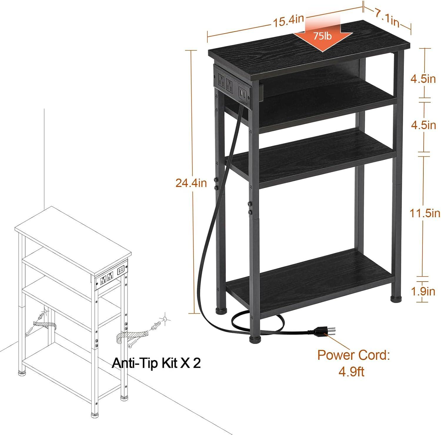 End Table Set of 2 with Charging Station and USB Ports, 3-Tier Nightstands with Adjustable Shelf, Small Side Tables for Small Space in Living Room, Bedroom and Balcony, Black BB112BZP201