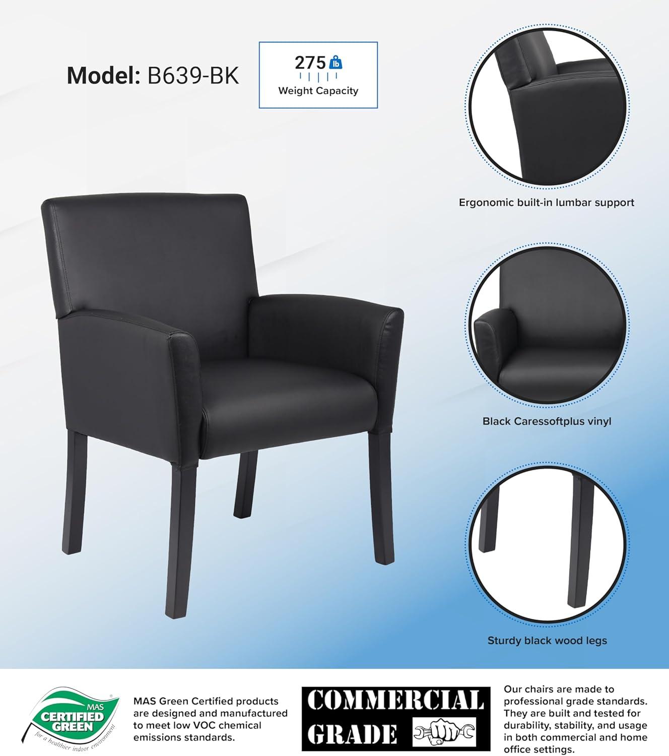 Executive Box Armchair Black - Boss Office Products: Ergonomic, Vinyl Upholstery, Wood Legs, Fixed Height