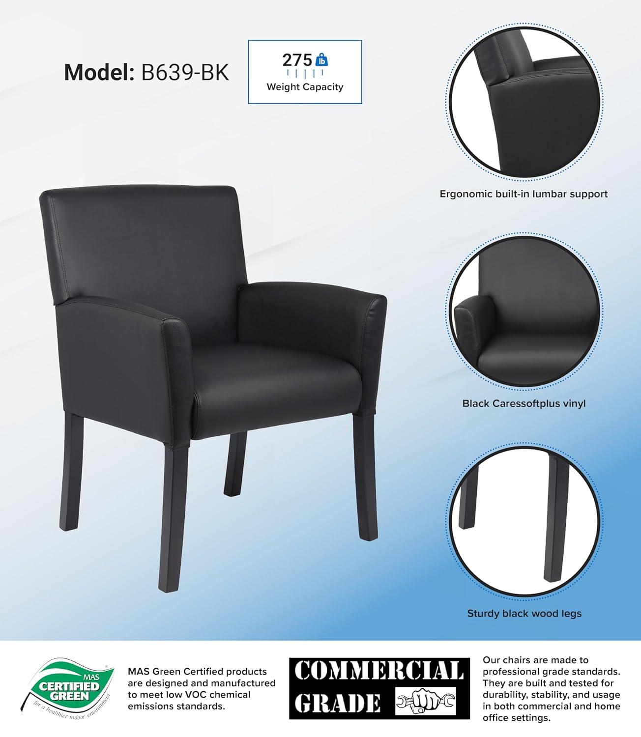 Executive Box Armchair Black - Boss Office Products: Ergonomic, Vinyl Upholstery, Wood Legs, Fixed Height