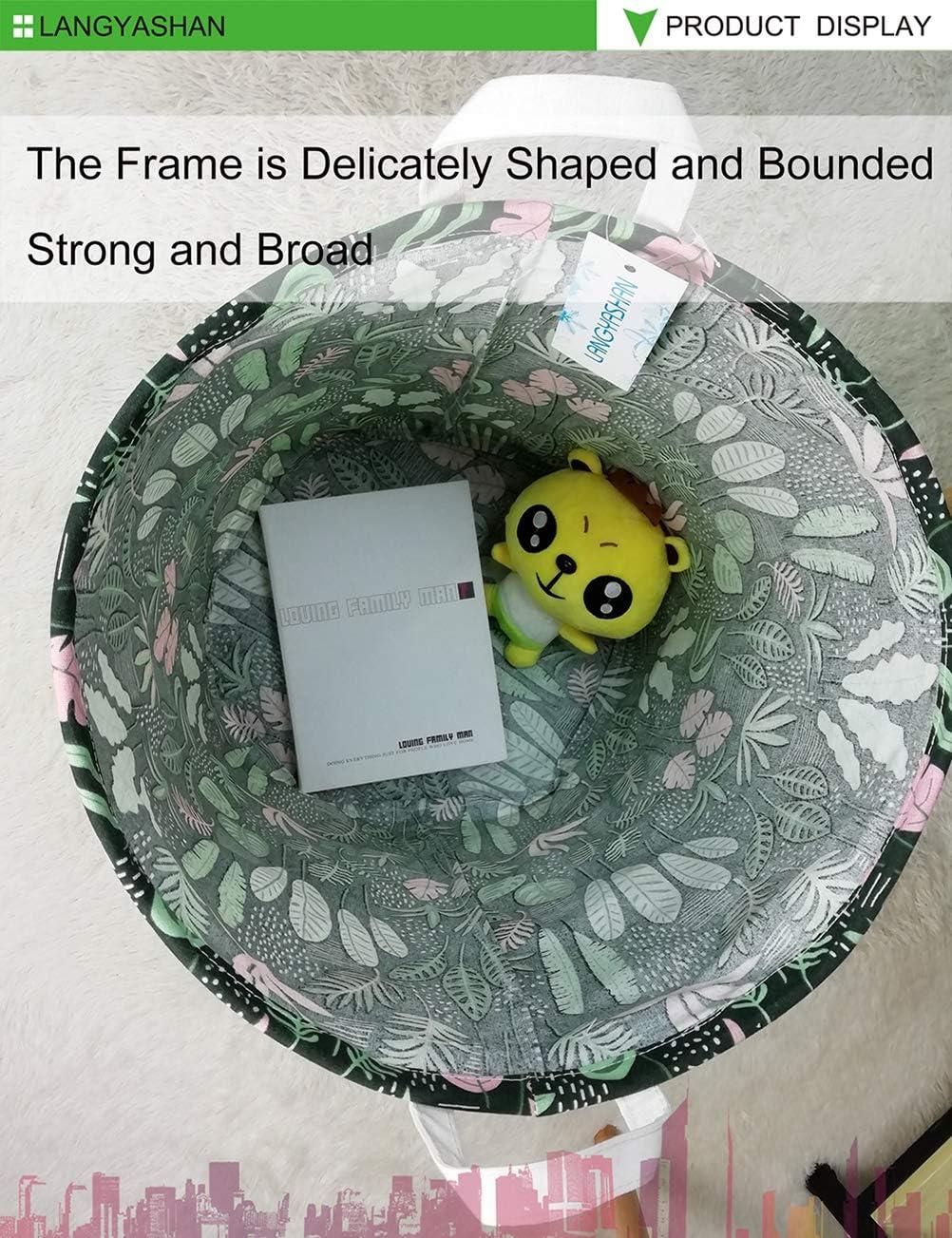 LANGYASHAN Laundry Basket Canvas Fabric Collapsible Organizer Basket for Storage Bin Toy Bins Gift Baskets Bedroom Clothes Children Nursery Hamper (Round Leaf)