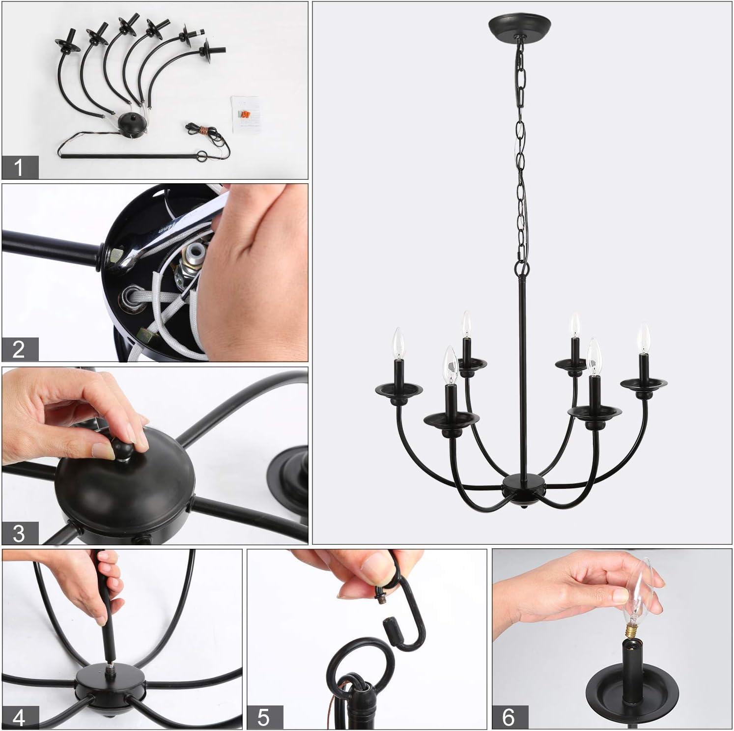 LNC 6-Light Modern/Contemporary Matte Black Large Candle Chandelier