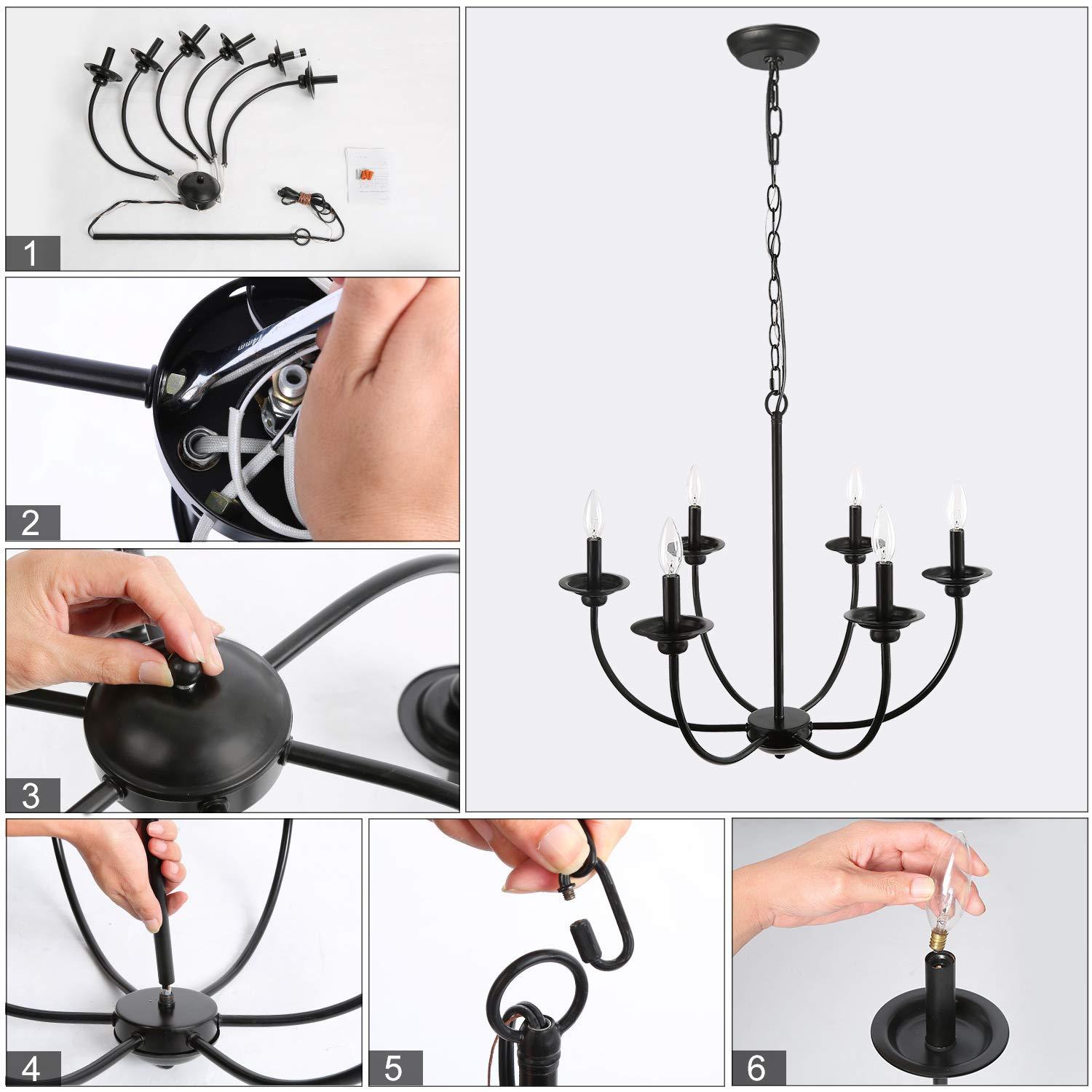 LNC 6-Light Modern/Contemporary Matte Black Large Candle Chandelier