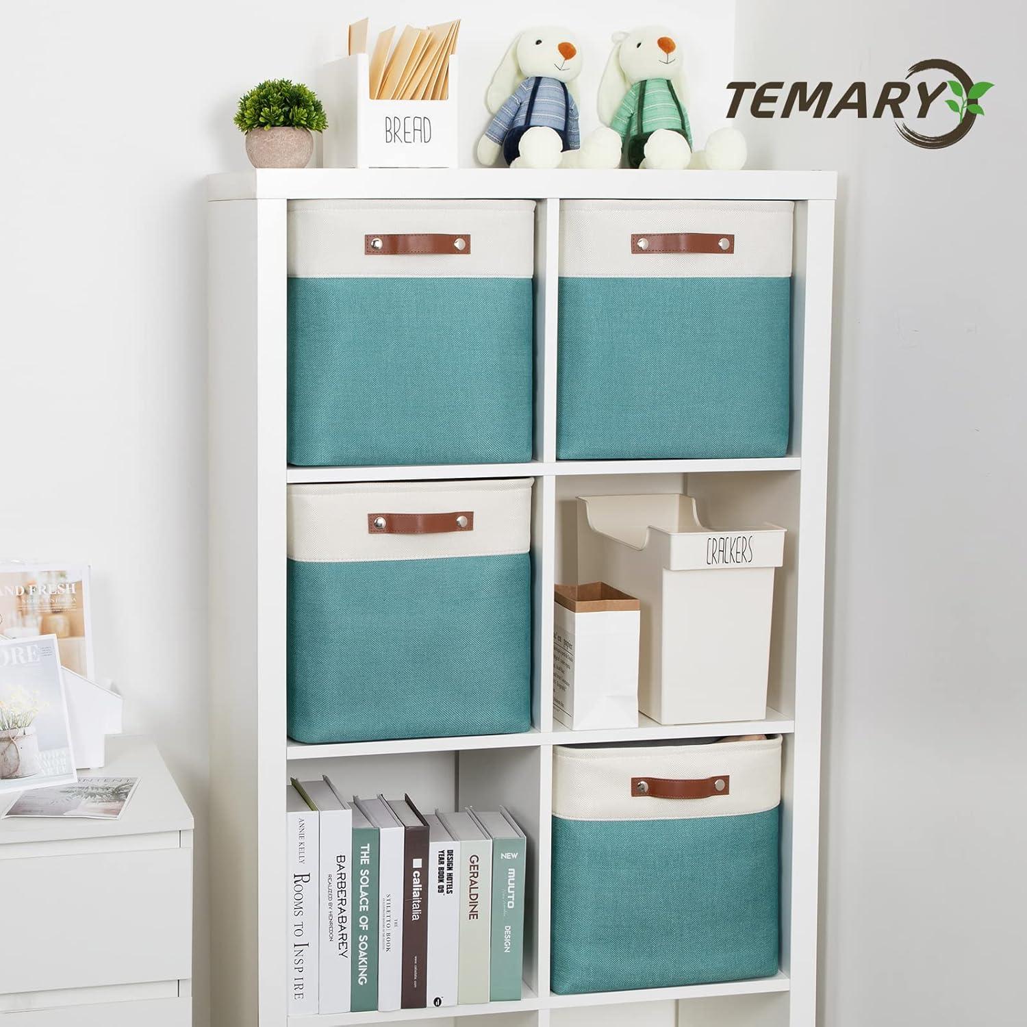 Tegance 13x13 Storage Cubes Baskets 4 Pack Fabric Cube Storage Bins Large Storage Baskets with Leather Handles,Decorative Storage Boxes for Organizing Shelves(WhiteGreen)