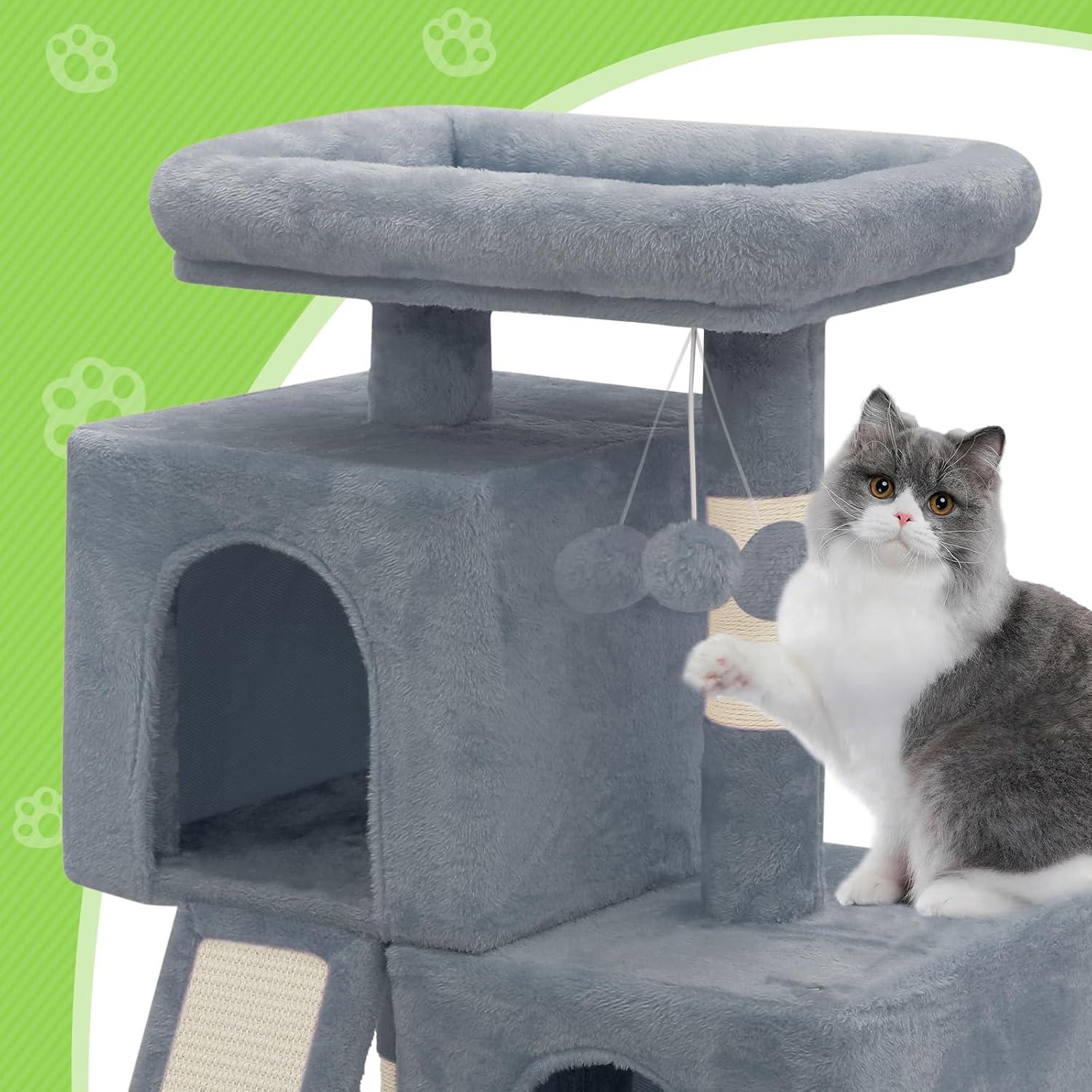 Magshion 34-in Cat Tree & Kittens Play House, Double Level Plush Cat Condo for Indoor Cats, Light Gray