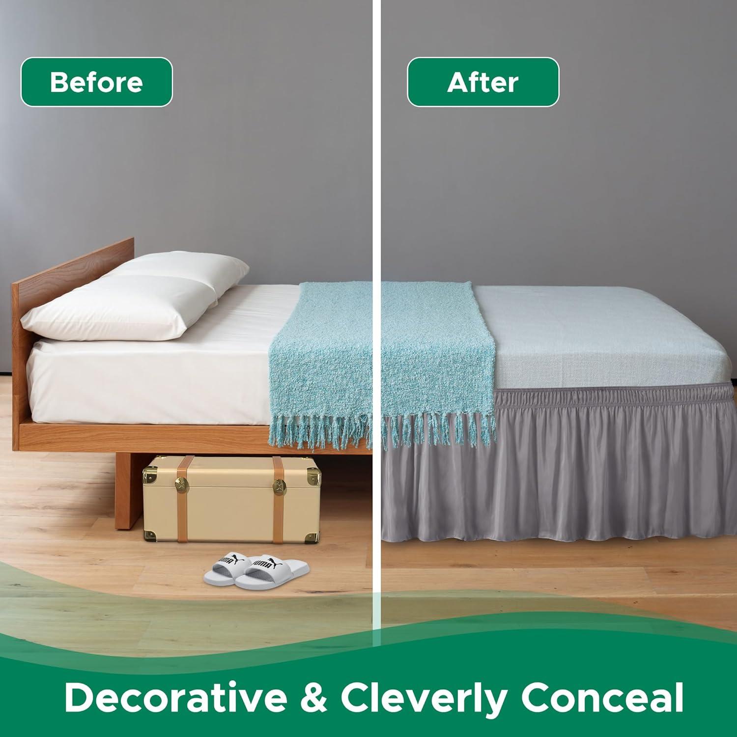 NEWEEN Wrap Around Bed Skirts for Queen Beds 15 Inches Drop, Silver Grey Elastic Dust Ruffles Easy Fit Wrinkle & Fade Resistant Silky Luxurious Fabric Solid Machine Washable