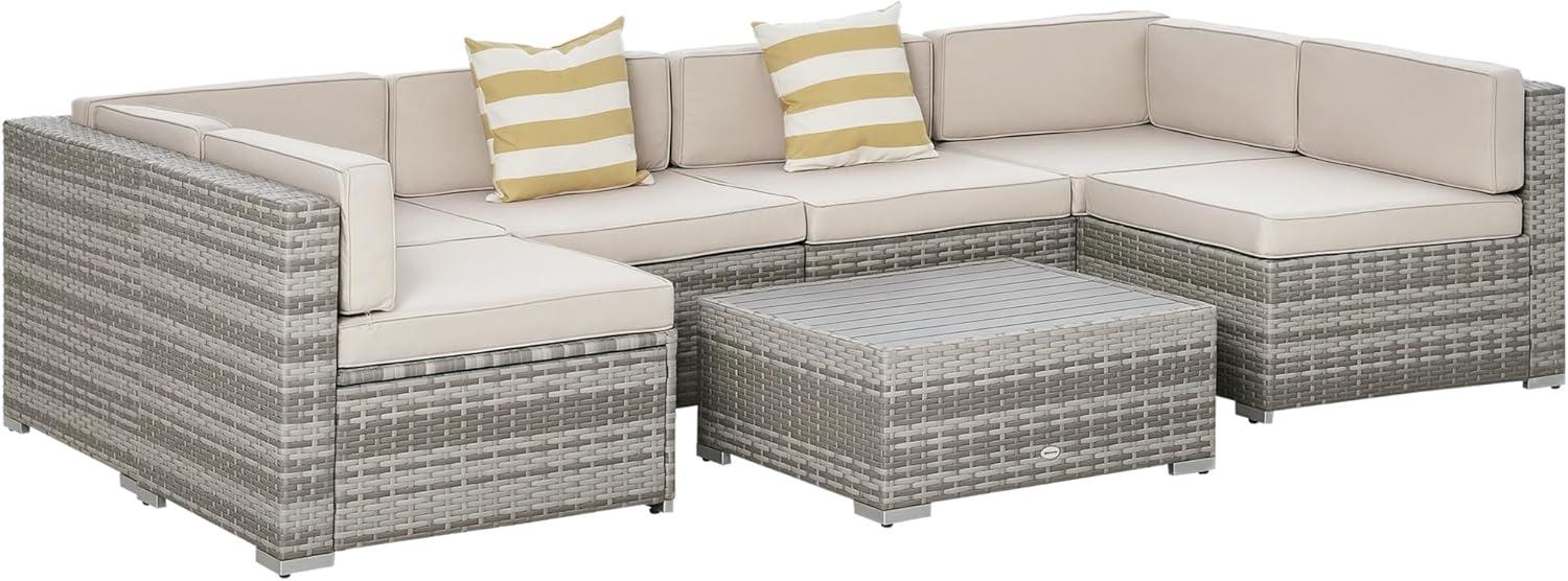 Outsunny 7-Piece Patio Furniture Set, Outdoor Wicker Conversation Set, All Weather PE Rattan Sectional Sofa w/ Faux Wood Table, Stripe Pillows, Beige
