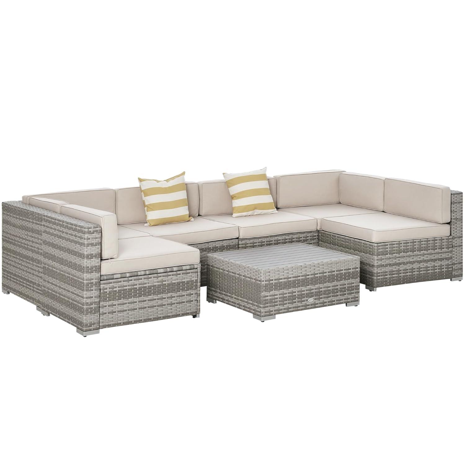 Outsunny 7-Piece Patio Furniture Set, Outdoor Wicker Conversation Set, All Weather PE Rattan Sectional Sofa w/ Faux Wood Table, Stripe Pillows, Beige