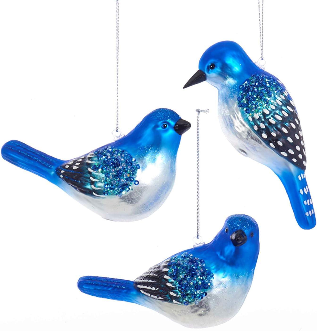 Set of 3 Glass BLUE BIRD Christmas Ornaments, 3" Tall, by Kurt Adler