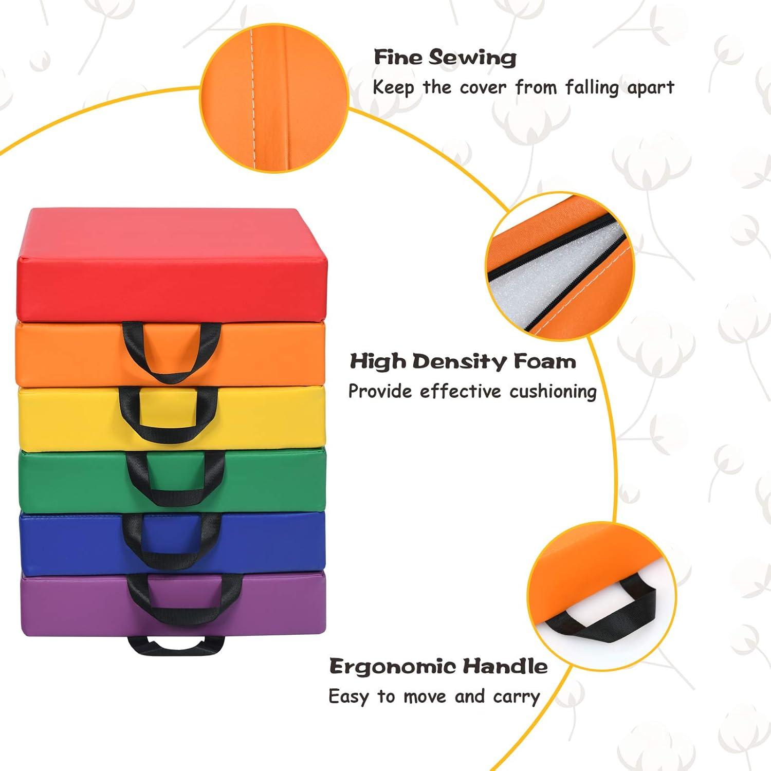 KOTEK 6 Pcs 15'' Kids Floor Cushions with Handles, 3'' Thick Foam Circle Floor Seats, Soft Flexible Seating for Classroom Elementary, School, Daycare, Kindergarten, Preschool, Playroom(Square, Red)