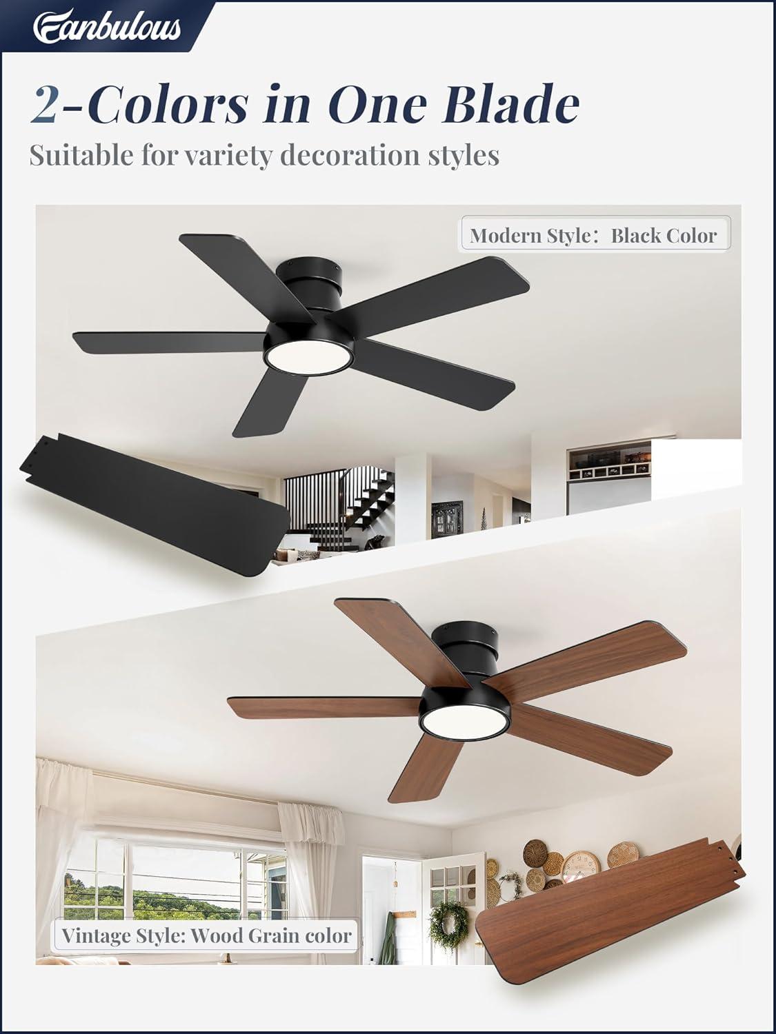 Fanbulous 42 Inch Ceiling Fans with Lights and Remote,Outdoor Indoor Modern Flush Mount Ceiling Fan with 3CCT 6-Speed Quiet DC Motor,Black Small Low Profile Ceiling Fan for Bedroom Living Room Office