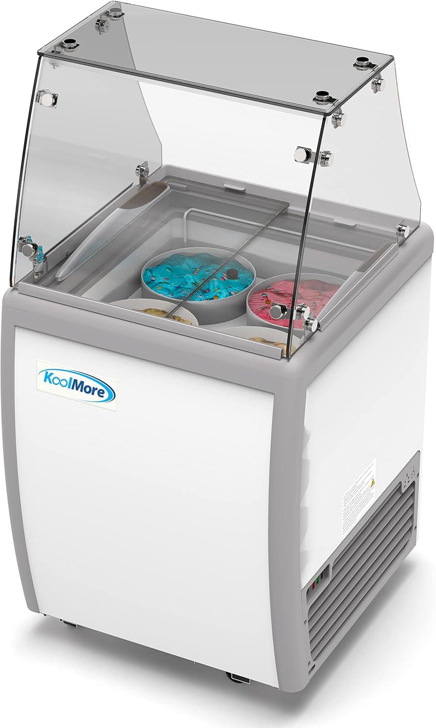KoolMore 26 in. 4 Tub Ice Cream Dipping Cabinet Display Freezer with Sliding Glass Door and Sneeze Guard, 6 cu. ft. KM-ICD-26SD-FG.