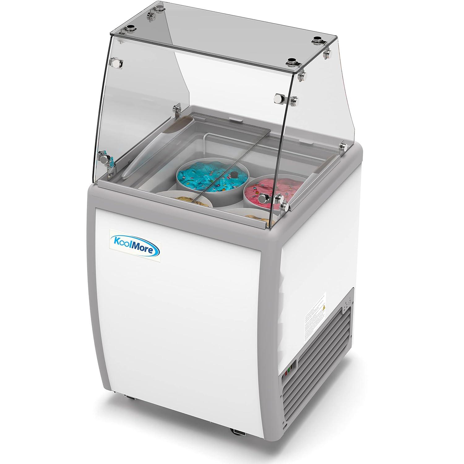 KoolMore 26 in. 4 Tub Ice Cream Dipping Cabinet Display Freezer with Sliding Glass Door and Sneeze Guard, 6 cu. ft. KM-ICD-26SD-FG.