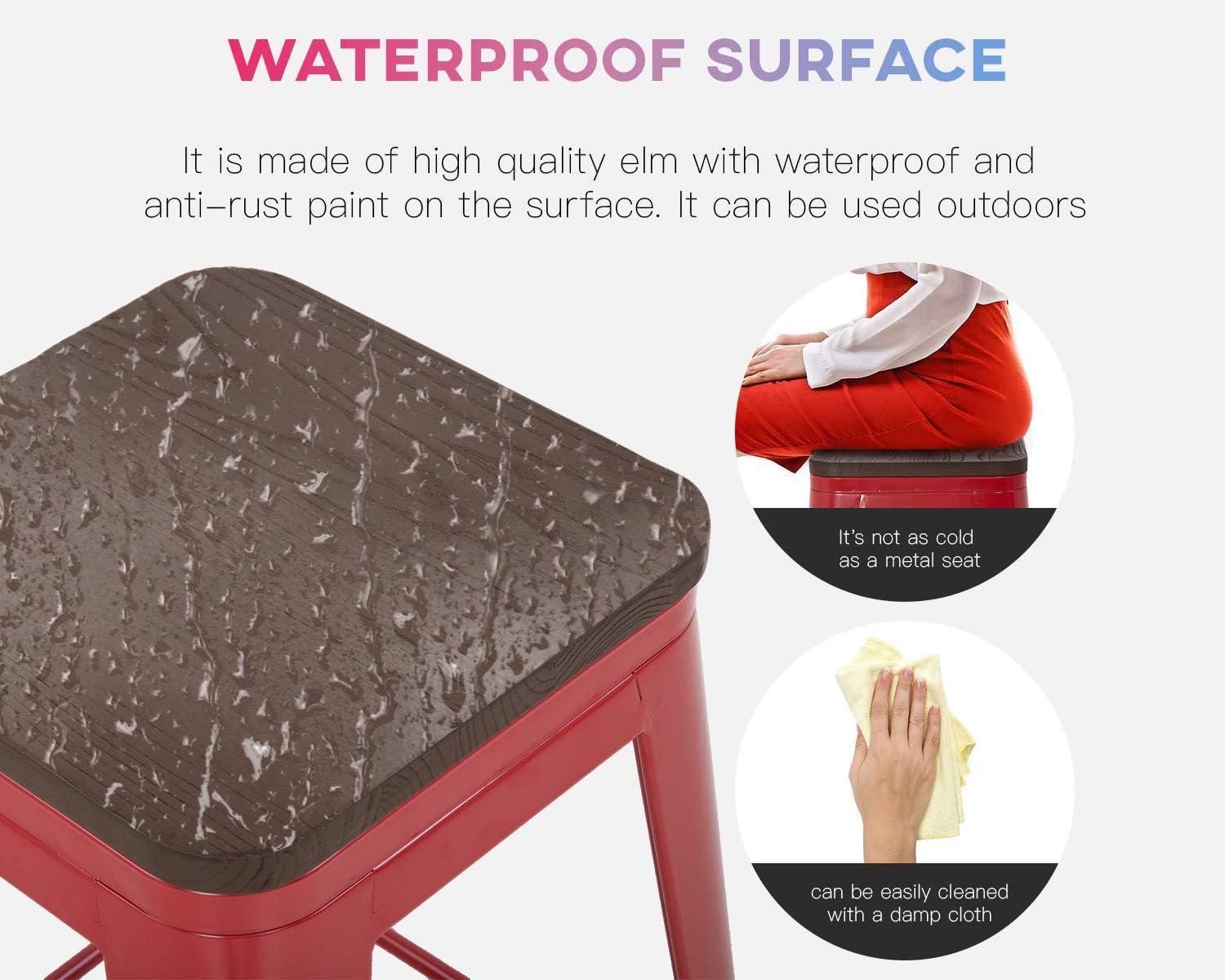 24" Red Metal Bar Stools with Wood Seat, Set of 4