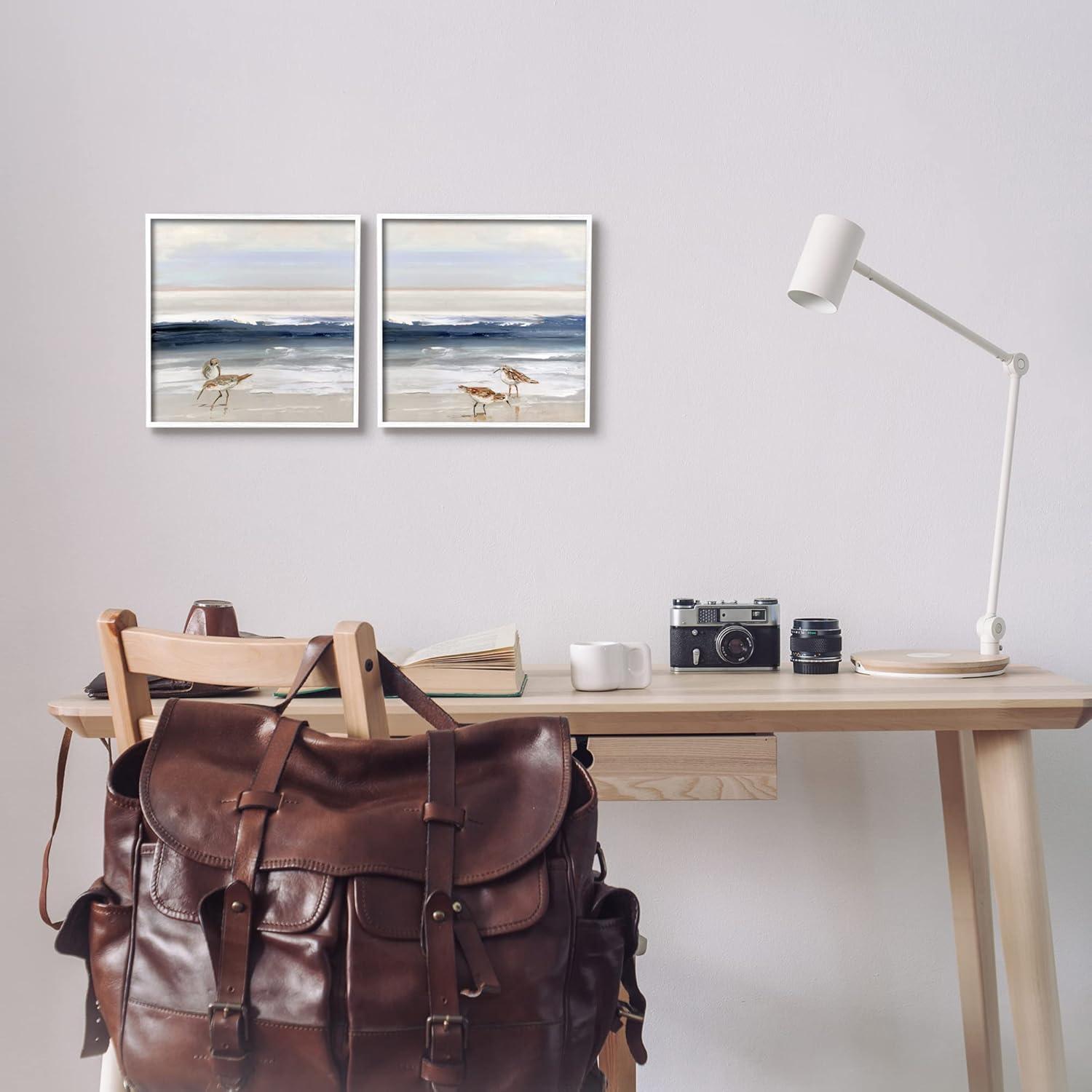 Stupell Industries Birds On Beach Shore Ocean Waves Blue Sky Landscape Paintings White Framed Art Print Wall Art Set of 2, 12x12, by Sally Swatland